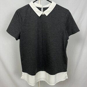 Camaieu Essentiel Grey Collared Stretchy Soft T-shirt White Mesh Detail Size M